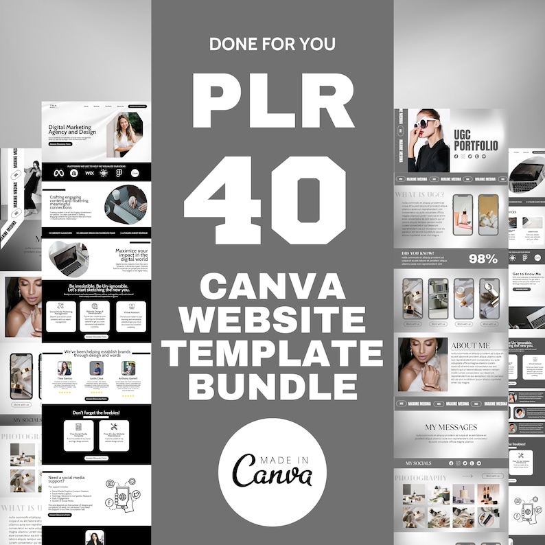 May include: A collection of 40 Canva website templates for use with a digital marketing agency or design business. The templates are black and white with a modern design. The text "PLR 40 Canva Website Template Bundle" is displayed in large white letters on a gray background.