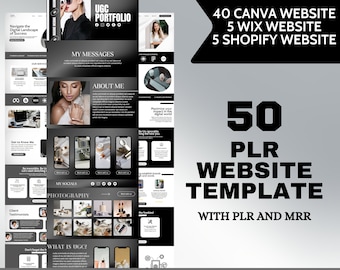 May include: A collage of website templates for Canva, Wix, and Shopify. The text "50 PLR WEBSITE TEMPLATE WITH PLR AND MRR" is in large, bold, black font. The text "EARN PASSIVE INCOME SELLING DONE-FOR-YOU WEBSITE PLR TEMPLATES" is in large, bold, white font.