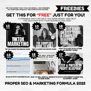 May include: Promotional graphic with the word "FREEBIES" and text offering digital marketing guides. The image includes thumbnails of ebooks on TikTok marketing, Reels, Etsy store setup, and Pinterest marketing. The text also mentions a 30-day Etsy success plan.