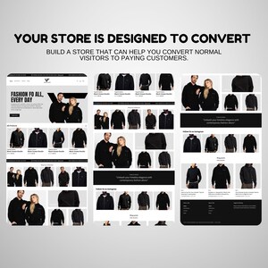 May include: A website screenshot showcasing a men's fashion store with a black and white color scheme. The website features a variety of black hoodies and sweatshirts, with a tagline "Fashion for all, every day".