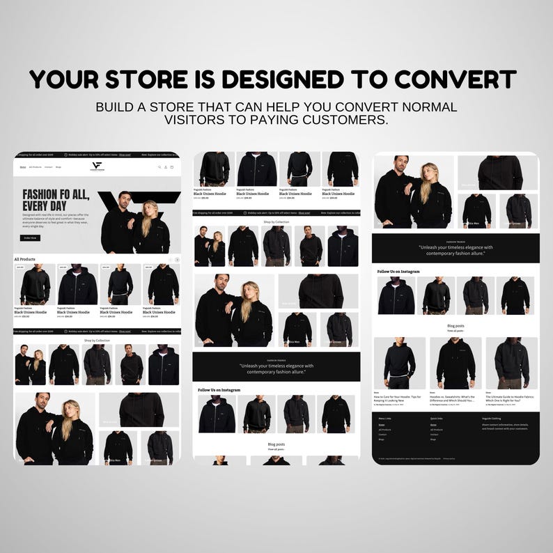 May include: A website screenshot showcasing a men's fashion store with a black and white color scheme. The website features a variety of black hoodies and sweatshirts, with a tagline "Fashion for all, every day".