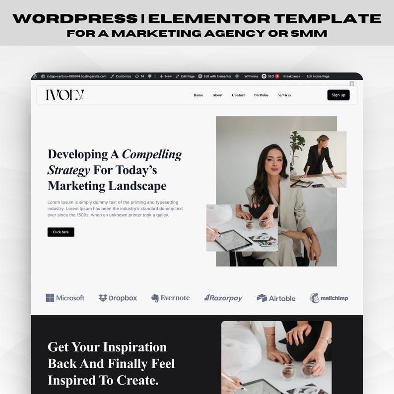 May include: A website template for a marketing agency or SMM, featuring a clean, modern design. The template includes sections for services, portfolio, and contact information. The text reads "Developing A Compelling Strategy For Today's Marketing Landscape."