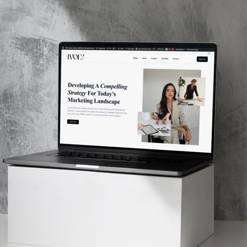 May include: A black laptop displaying a website with the text "Developing A Compelling Strategy For Today's Marketing Landscape." The laptop is on a white box against a gray background. The website features images of a woman in a blazer.