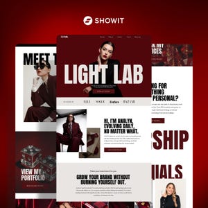 May include: A website design featuring a dark red and white color scheme. The main page displays the text "LIGHT LAB" with a woman's image. Other pages include the text "MEET," "VIEW MY PORTFOLIO," and "GROW YOUR BRAND WITHOUT BURNING YOURSELF OUT."