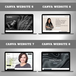 May include: Four laptop computer screens with different website designs. Each screen features a woman's headshot and text that reads "Unlock your full potential with passive income business".