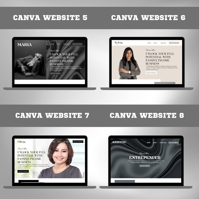 May include: Four laptop computer screens with different website designs. Each screen features a woman's headshot and text that reads "Unlock your full potential with passive income business".