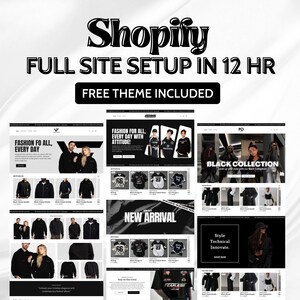 May include: A website screenshot showcasing a Shopify store selling black clothing with the tagline "Fashion for all, every day". The website features a variety of clothing items, including hoodies, t-shirts, and jackets. The website also includes a "New Arrival" section and a "Black Collection" section.