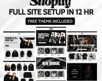 Può includere: Uno screenshot di un sito web che mostra un negozio Shopify che vende abbigliamento nero con lo slogan "Fashion for all, every day". Il sito web presenta una varietà di articoli di abbigliamento, tra cui felpe con cappuccio, t-shirt e giacche. Il sito web include anche una sezione "Nuovi arrivi" e una sezione "Collezione nera".