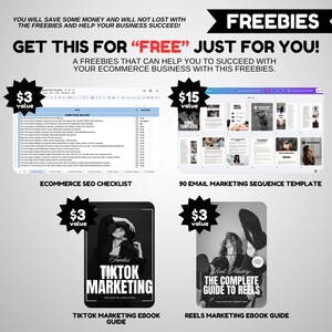 May include: A collage of four digital products for e-commerce businesses, each with a $3 value. The products include an ecommerce SEO checklist, a 90 email marketing sequence template, a TikTok marketing ebook guide, and a Reels marketing ebook guide.