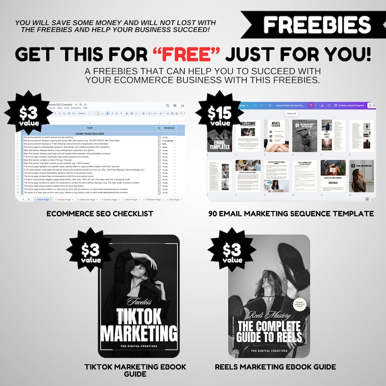 May include: A collage of four digital products for e-commerce businesses, each with a $3 value. The products include an ecommerce SEO checklist, a 90 email marketing sequence template, a TikTok marketing ebook guide, and a Reels marketing ebook guide.