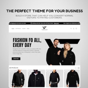 May include: Website homepage for a clothing brand called Voguish Fashion. The website features a black and white image of two people wearing black hoodies. The text "Fashion for all, every day" is displayed on the page. The website also features a section for all products, with images of black hoodies.