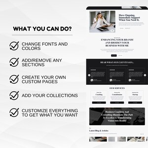 May include: A website design layout with a black and white color scheme. The text includes "What You Can Do?" and options to change fonts, add sections, create custom pages, add collections, and customize everything. Additional text includes "Enhancing Your Brands and Broiden Your Business With Me."