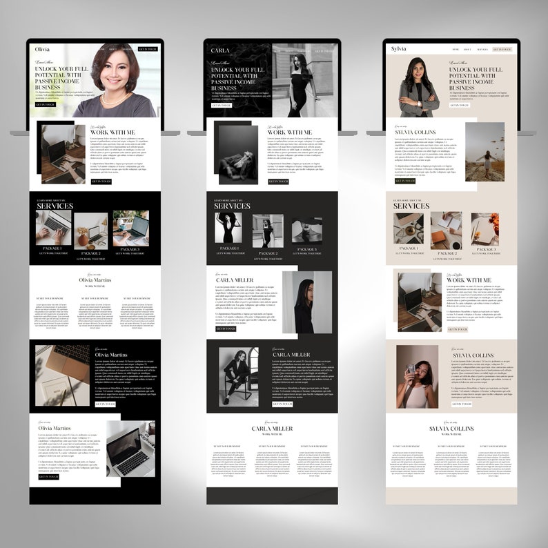 May include: Three website screenshots with black and white color schemes. Each website features a woman's headshot, the text "Unlock your full potential with passive income business", and the text "Work with me".