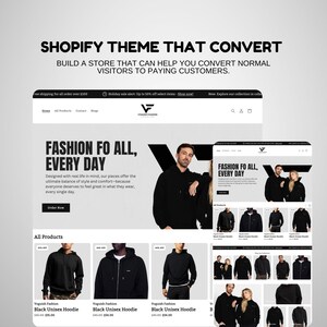 May include: A website screenshot showcasing a Shopify theme for an online clothing store. The website features a black unisex hoodie with a hood and a front pocket. The website also features the text "Fashion for all, every day".