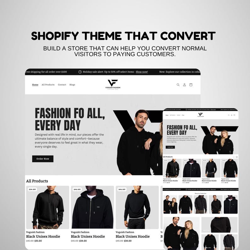 May include: A website screenshot showcasing a Shopify theme for an online clothing store. The website features a black unisex hoodie with a hood and a front pocket. The website also features the text "Fashion for all, every day".