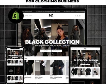 May include: A website screenshot showcasing a Shopify theme for clothing businesses. The website features a black and white color scheme with a focus on a "Black Collection". The website includes a header with a logo, navigation menu, and shopping cart icon. The main content area displays a collection of black clothing items with product descriptions and prices. The website also includes a footer with links to social media and contact information.