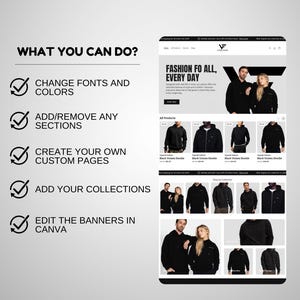 May include: A screenshot of a website with a black and white color scheme. The website is for a clothing brand and features a variety of hoodies. The text on the website reads "Fashion for all, every day". The website also includes a section titled "All Products" and a section titled "Shop by Collection".