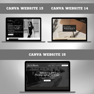 May include: Three laptop computer screens displaying mockups of websites. The first website is for a business called Carla, the second website is for a business called Trinil, and the third website is for a photography business called Salford & Co.