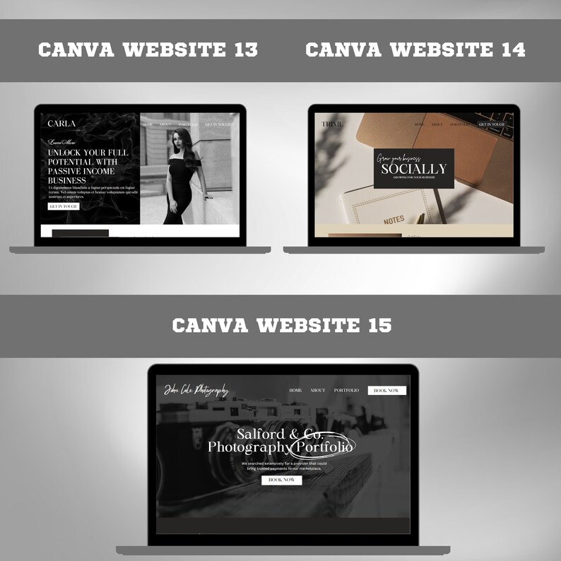 May include: Three laptop computer screens displaying mockups of websites. The first website is for a business called Carla, the second website is for a business called Trinil, and the third website is for a photography business called Salford & Co.