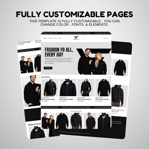 May include: Website mockup for a clothing brand featuring a black unisex hoodie. The website has a black and white color scheme with a simple design. The text on the website reads "Fashion for all, every day".