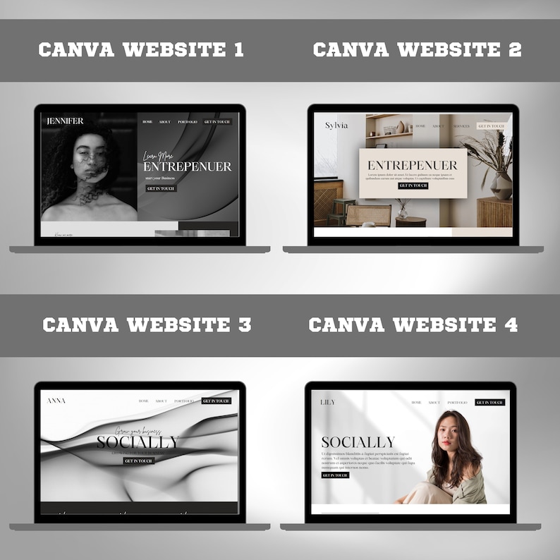 May include: Four laptop computer screens displaying different website designs. Each website has a different color scheme and features a different person's name and a call to action to "Get in Touch". The websites are titled "Canva Website 1", "Canva Website 2", "Canva Website 3", and "Canva Website 4".