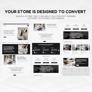 May include: A digital marketing website design with the text "YOUR STORE IS DESIGNED TO CONVERT" and "BUILD A STORE THAT CAN HELP YOU CONVERT NORMAL VISITORS TO PAYING CUSTOMERS." The website design includes various sections with text and images.