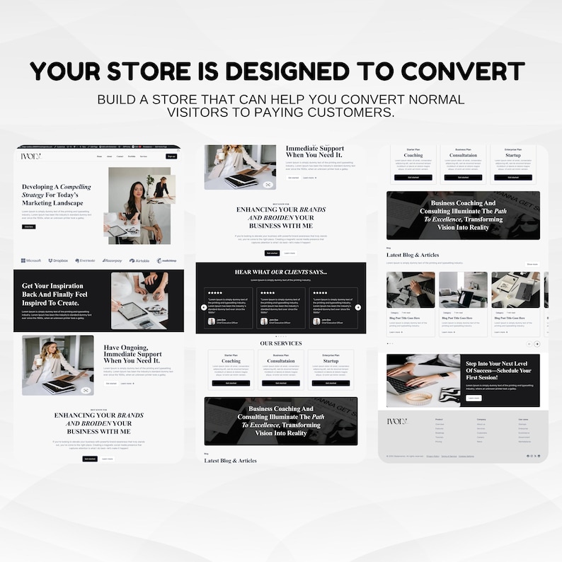 May include: A digital marketing website design with the text "YOUR STORE IS DESIGNED TO CONVERT" and "BUILD A STORE THAT CAN HELP YOU CONVERT NORMAL VISITORS TO PAYING CUSTOMERS." The website design includes various sections with text and images.