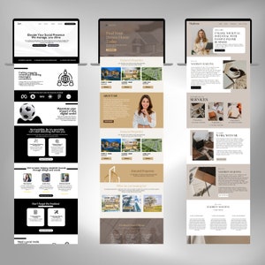 May include: Three website screenshots showing different pages of a real estate agent's website. The first page is a black and white website with the text "Elevate Your Social Presence We manage, you shine". The second page is a brown and white website with the text "Find Your Dream Home Today". The third page is a white and brown website with the text "Unlock Your Full Potential With A Passive Income Business".