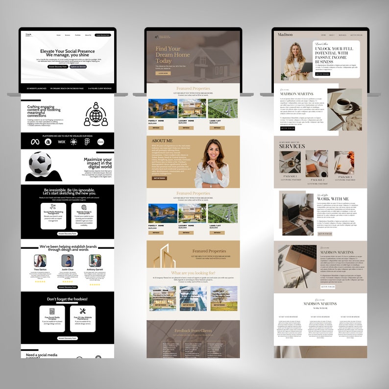 May include: Three website screenshots showing different pages of a real estate agent's website. The first page is a black and white website with the text "Elevate Your Social Presence We manage, you shine". The second page is a brown and white website with the text "Find Your Dream Home Today". The third page is a white and brown website with the text "Unlock Your Full Potential With A Passive Income Business".