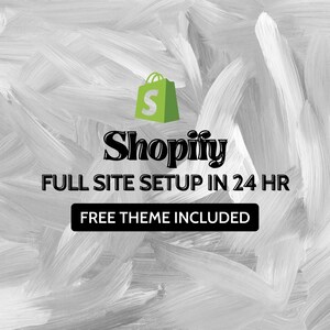 May include: A white and grey abstract background with a green shopping bag icon and the text "Shopify" in black. The text "Full Site Setup in 24 HR" is below the logo, and the text "Free Theme Included" is in a white rectangle with a black border.