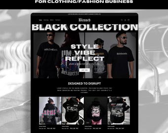 May include: A website mockup for a clothing and fashion business, showcasing a Shopify theme. The design features a black and white color scheme with images of apparel, including hoodies and t-shirts. Text includes "Black Collection" and "Shop Now."