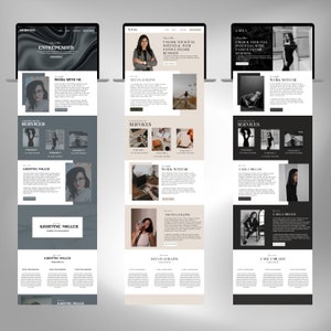 May include: Three website mockups for entrepreneurs, each featuring a different woman and a black and white color scheme. The text on the website reads "Unlock your full potential with passive income business".