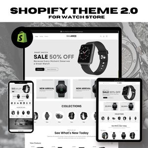 May include: A Shopify theme for watch stores with a black and white color scheme. The theme features a large banner with the text "SMART WATCH SALE 50% OFF" and a picture of a black smartwatch. The theme also includes a section for new arrivals and a section for collections.