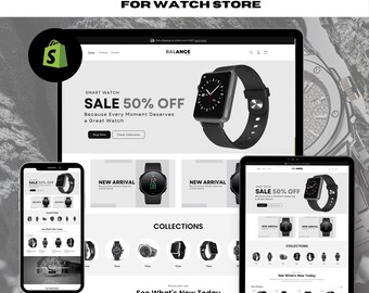 May include: A Shopify theme for watch stores with a black and white color scheme. The theme features a large banner with the text "SMART WATCH SALE 50% OFF" and a picture of a black smartwatch. The theme also includes a section for new arrivals and a section for collections.