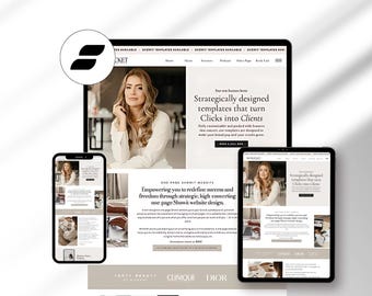May include: A digital marketing concept featuring a tablet, phone, and laptop displaying a website. The website showcases a woman and text that reads "Strategically designed templates that turn Clicks into Clients."
