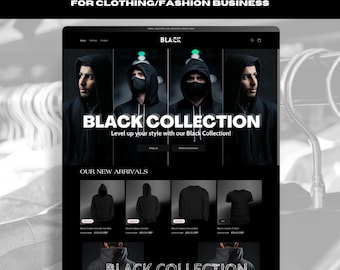 May include: A website mockup for a clothing business, featuring a black and white theme. The site showcases a "Black Collection" with images of hooded sweatshirts and t-shirts. The text includes "Shopify Theme 2.0" and "For Clothing/Fashion Business."