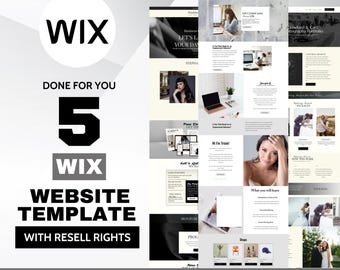 May include: A collage of Wix website templates for various businesses, including coaching, photography, and wedding planning. The text "DONE FOR YOU" and "5 WIX WEBSITE TEMPLATES WITH RESELL RIGHTS" is displayed on the image. The text "EARN PASSIVE INCOME SELLING DONE-FOR-YOU WEBSITE PLR TEMPLATES" is displayed at the bottom of the image.