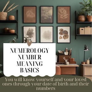 May include: A wall display featuring six framed botanical prints in brown and white tones, arranged above a desk. The text "NUMEROLOGY NUMBER MEANING BASICS" is displayed on a white background. The text below reads "You will know yourself and your loved ones through your date of birth and their numbers."