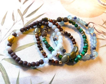 SET OF 4 Four Elements Stacking Beaded Bracelet Set - Water, Earth, Fire, Air