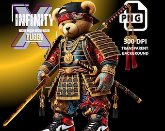 Samurai Teddy Bear Warrior PNG, Japanese Style Digital Download, Printable Samurai Art for T-Shirts, Samurai Clipart for Sublimation Design