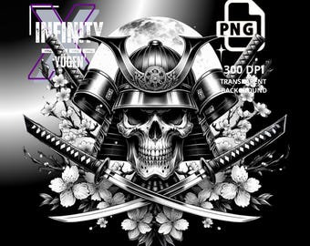 Skull Samurai Warrior PNG, Japanese Style Digital Download, Printable Samurai Art for T-Shirts, Samurai Clipart for Sublimation Design
