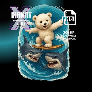 Surfing White Bear With Shark PNG Clipart, Gangsta Teddy Bear on Surfboard, Summer Beach Party Animal Clip Art Ideal for T-Shirts & Hoodies