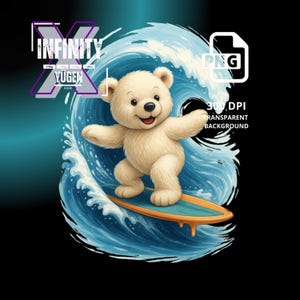 Surfing White Bear PNG Clipart, Gangsta Teddy Bear on Surfboard, Summer Beach Party Animal Clip Art Ideal for T-Shirts & Hoodies