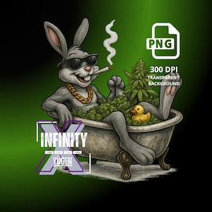May include: A cartoon rabbit wearing sunglasses and a gold chain sits in a bathtub filled with green leafy plants. A yellow rubber ducky floats in the water. The rabbit is holding a lit joint in its mouth. The text "INFINITY X YUGEN" is visible in the lower left corner of the image.