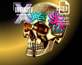 Golden Graffiti Skull Sublimation Design,Colorful Skull PNG, Printable Skull T-Shirt Art, Digital Download Skull Clipart for Shirt Printing