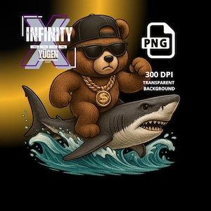 Surfing Bear PNG Clipart, Gangsta Cute Teddy Bear on Surfboard, Summer Beach Party Animal Clip Art Ideal for T-Shirts & Hoodies