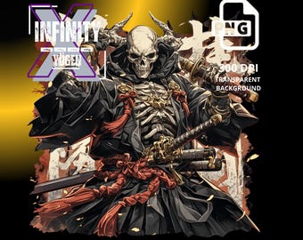 Samurai Skull Warrior PNG, Japanese Style Digital Download, Printable Samurai Art for T-Shirts, Samurai Clipart for Sublimation Design