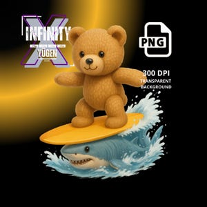 Surfing Bear PNG Clipart, Cute Teddy Bear on Surfboard, Summer Beach Party Animal Clip Art Ideal for T-Shirts & Hoodies