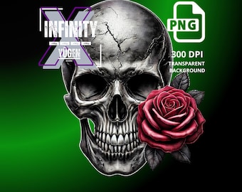 May include: A black and white skull with a red rose, with the text "INFINITY YUGEN" in a purple and white box.