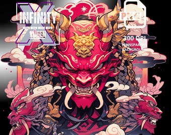 Oni Mask Warrior PNG, Japanese Style Digital Download, Printable Samurai Art for T-Shirts, Samurai Clipart for Sublimation Design